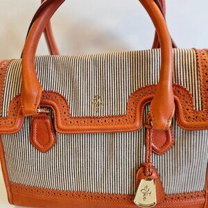 Cole Haan pinstripe canvas + leather crossbody and handbag. 12x9x5.